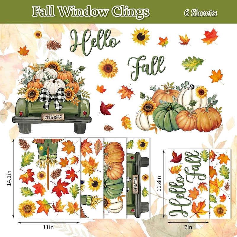 Whaline 6 Sheets Thanksgiving Fall Window Clings Green-Orange Scarecrow Maple Leaves Pumpkin Truck Reusable Window Decals for Autumn Harvest Thanksgiving Home Office School Decor - Image 5